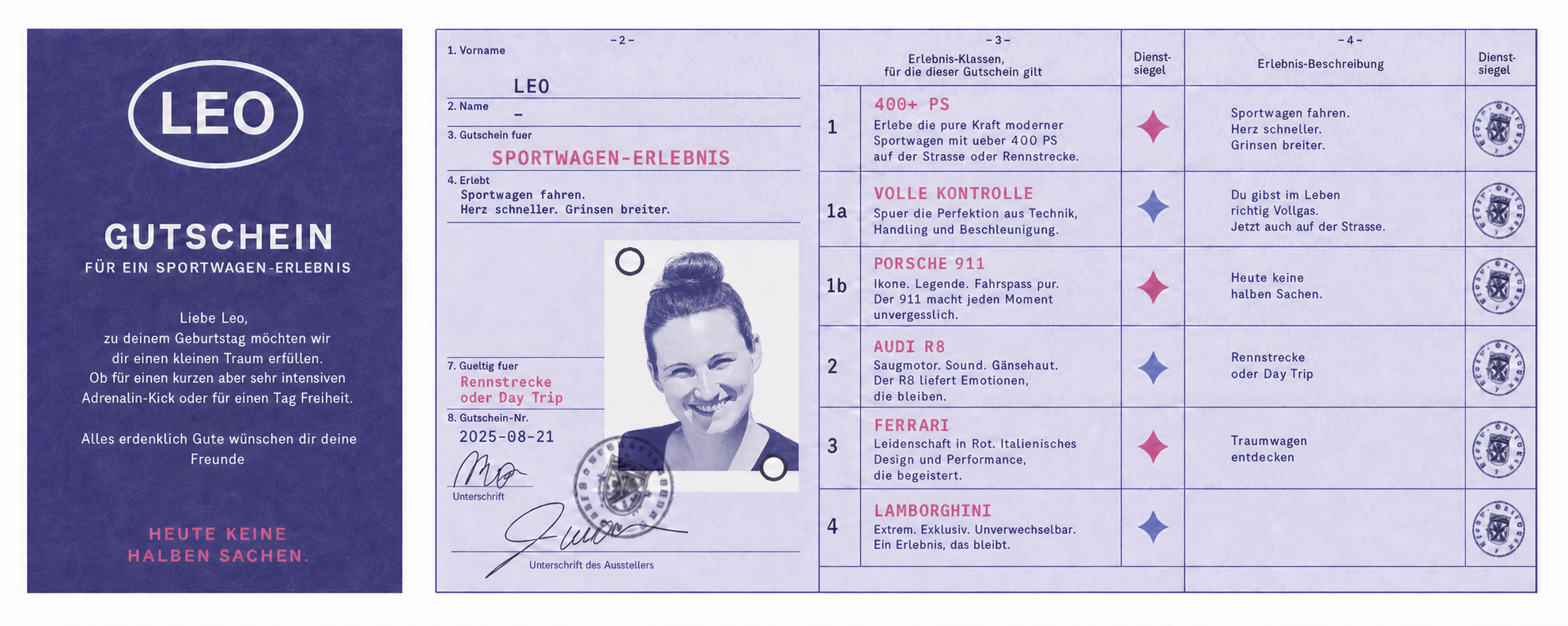 Fuehrerschein-inspirierter Geschenkgutschein fuer Leo