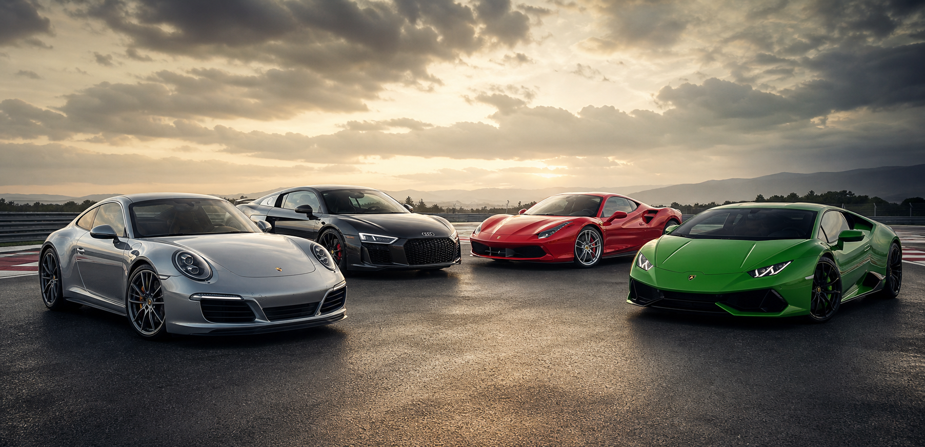 Collage mit Porsche 911, Audi R8, Ferrari und Lamborghini
